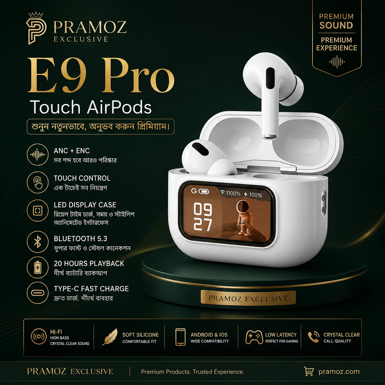 E9 Pro AirPods Touch with LED Display (ANC & ENC Apps Supported)